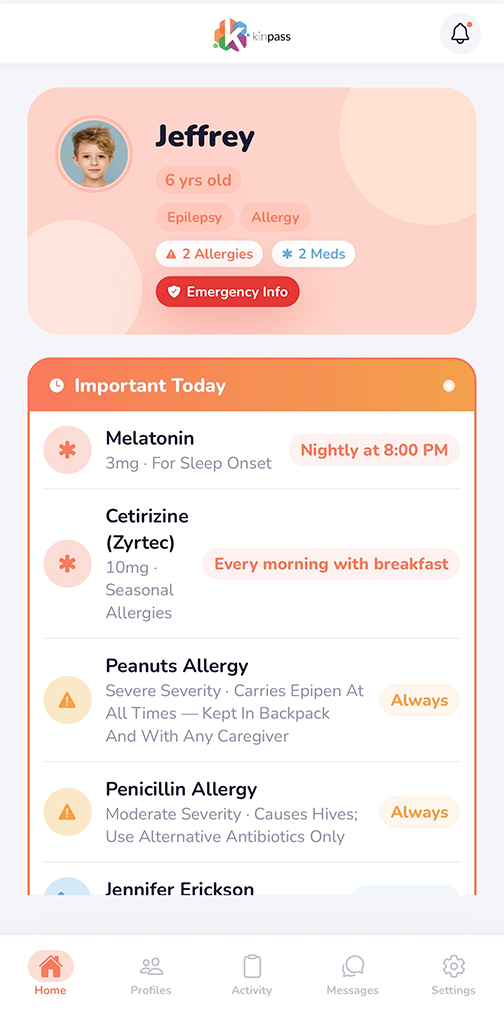 KinPass care profile screen